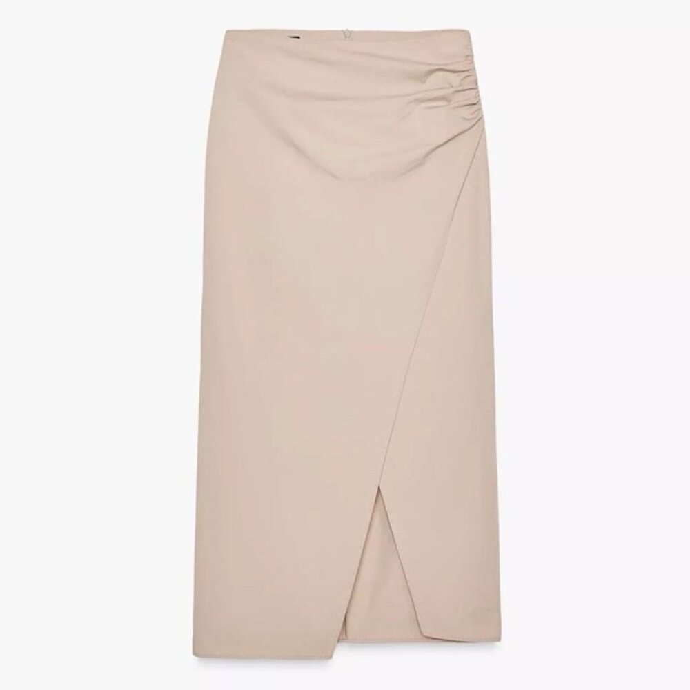 🌞 ZARA Khaki Cotton Midi Skirt with Side Ruching XS - Picture 3 of 10